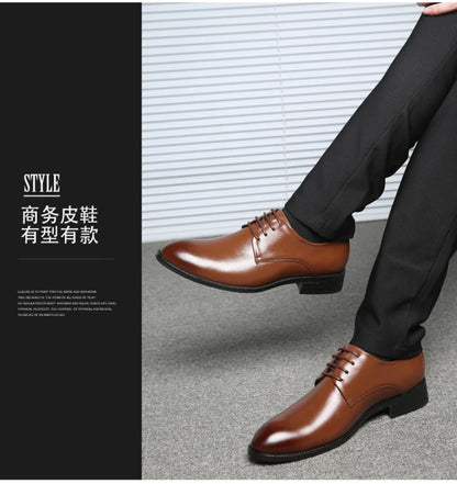 Mens Breathable Leather Dress Shoes Formal Business Footwear Pointed Toe Lace Up Flat Sole Groom Wedding Shoes Simple Leisure