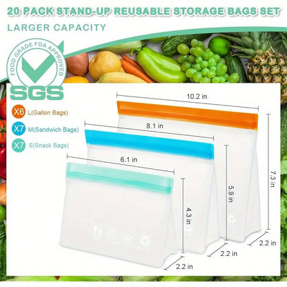 15-Pack Reusable Freezer Bags - Leakproof Stand-Up Design for Food Storage, BPA-Free Silicone Material Perfect for Vegetables,