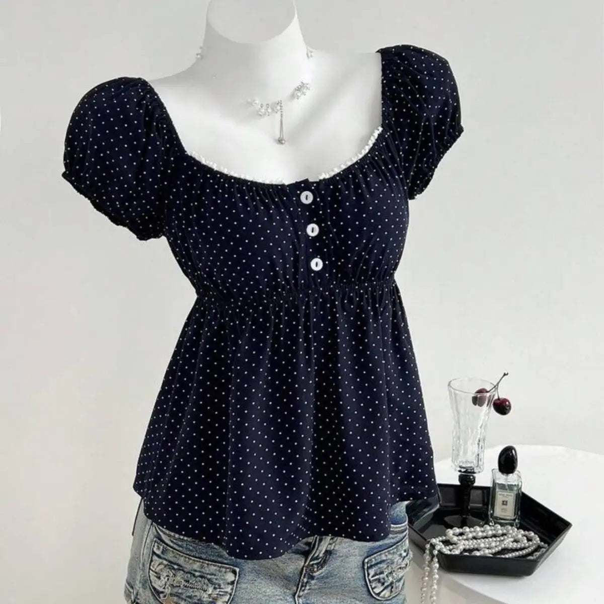 Polka Dot Babydoll Top Women Summer Sweet Korean Puff Short Sleeve Chiffon Blouse Square Neck Summer Vintage Youthful T-shirt