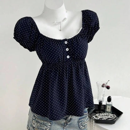 Polka Dot Babydoll Top Women Summer Sweet Korean Puff Short Sleeve Chiffon Blouse Square Neck Summer Vintage Youthful T-shirt