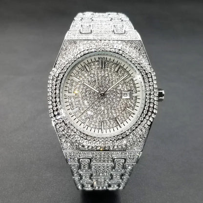 New Arab Number Brand Watch For Men Luxury Fully Diamond Bling Mens Quartz Watches Fashion Iced Out Silver Waterproof Male Clock