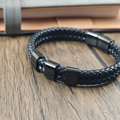 Customized Family Name Double Layer Stainless Steel Leather Bracelet Lock Bangle with Square Charm Men's Punk Jewelry Gifts