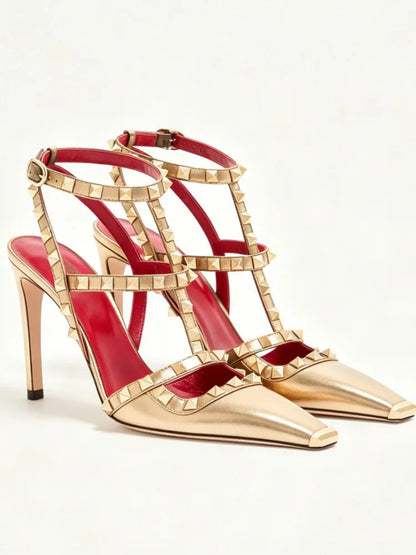 Summer Square Headed Rivet High-heeled Women's Sandals, Fashionable and Sexy Women's Party T-table Women's Plus Size Sandals
