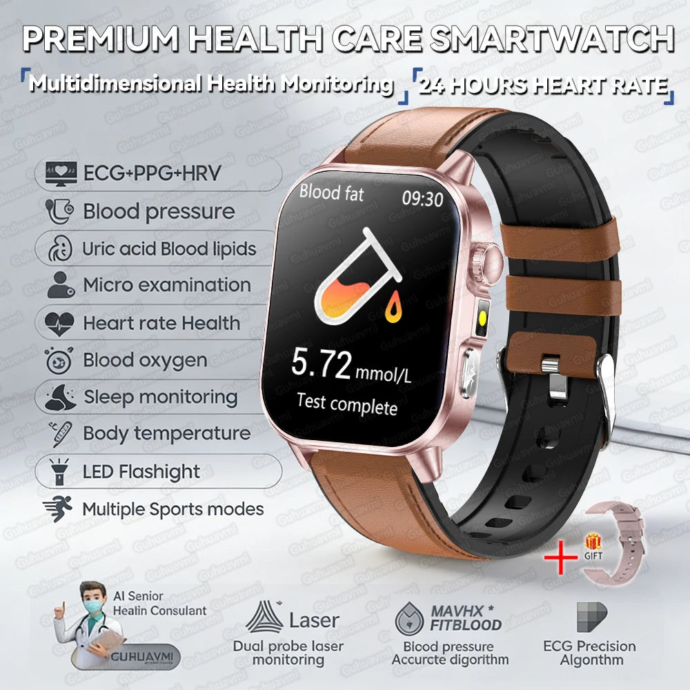 New Professional Health Watch Blood Pressure 2.01"AMOLED Screen Uric Acid Blood Lipids Flashlight Care Smart Watches for Women