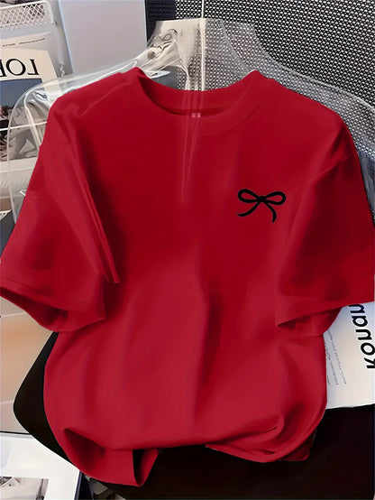 New Women's T-shirt Black Bow Printed Simple Style Casual Fashion Short Sleeve T-shirt Soft Comfortable Summer Women Clothing