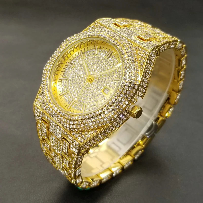 New Arab Number Brand Watch For Men Luxury Fully Diamond Bling Mens Quartz Watches Fashion Iced Out Silver Waterproof Male Clock