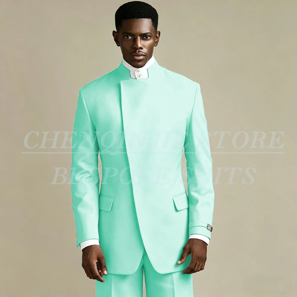 Elegant Black Men's Suits 2 Piece Jacket Pants Outfits Formal Single Breasted Stand Lapel Skinny Clothing Costume Homme