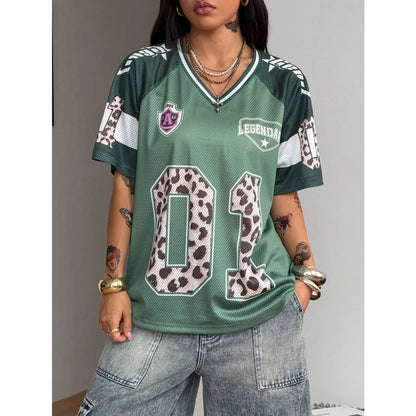 Women's Summer Going Out Streetwear Y2K Leopard Print Number Graphic Jersey Short Sleeve V Neck T Shirt Sporty Casual Tops