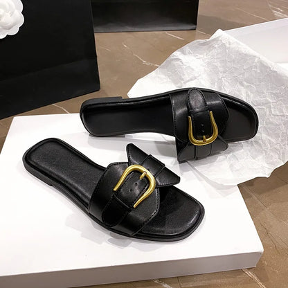 Summer Fashion Women's Slippers Leather Square Toe Women's Flats Flip-flops Sliding Sandals Women's Luxury Sandals
