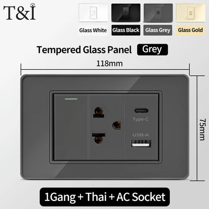 118*75mm TEMPERED GLASS SWITCH PANEL Wall Socket with USB Type - C, Grey US Switch, Thai Plug for Home & Office Use