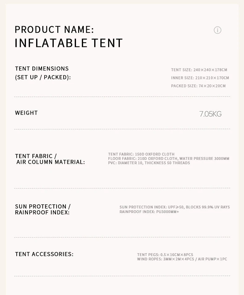 Portable Inflatable Tent Foldable Outdoor Camping Overnight Gear Thickened Waterproof for Hiking And Backyard Picnics