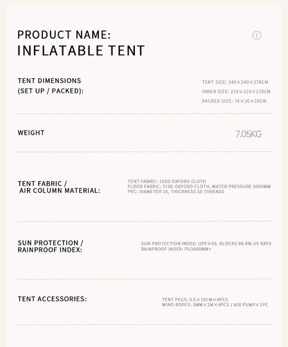 Portable Inflatable Tent Foldable Outdoor Camping Overnight Gear Thickened Waterproof for Hiking And Backyard Picnics