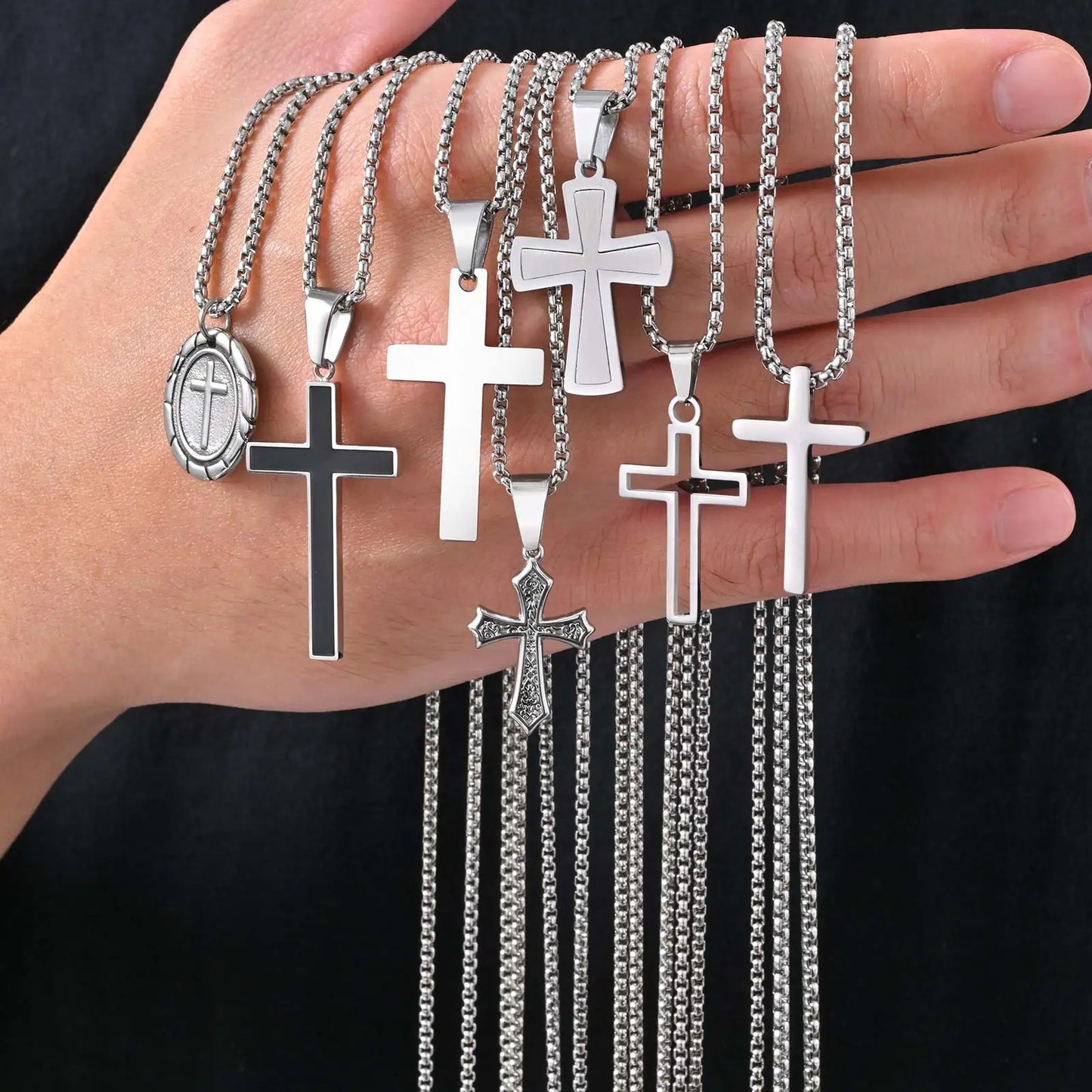 Stylish Men's Stainless Steel Cross Necklace,Punk Hip Hop Cross Pendant Necklace,Birthday Party Jewelry Gift for Him Dad Son