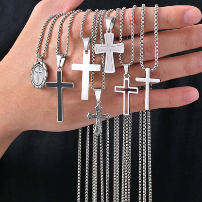 Stylish Men's Stainless Steel Cross Necklace,Punk Hip Hop Cross Pendant Necklace,Birthday Party Jewelry Gift for Him Dad Son