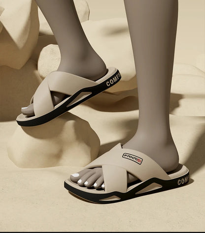 Men's Outdoor Fashion Sandals-Cross Strap Open Toe Slide Sandal,Non-Slip Bath Shower Slippers,Beach Shoes for Swimming & Walking