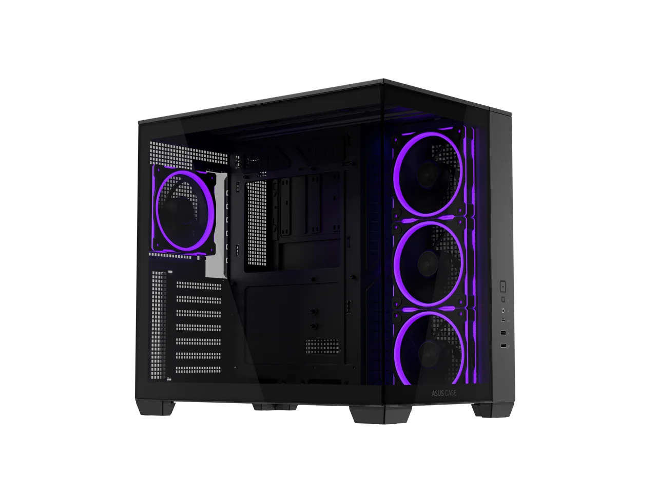 ASUS A32 PLUS Black ATX gaming PC case, support 360mm radiators and 420mm graphics cards, dual-chamber chassis for independent cooling zones, four pre-installed ARGB fans and clean cable management