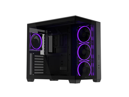 ASUS A32 PLUS Black ATX gaming PC case, support 360mm radiators and 420mm graphics cards, dual-chamber chassis for independent cooling zones, four pre-installed ARGB fans and clean cable management