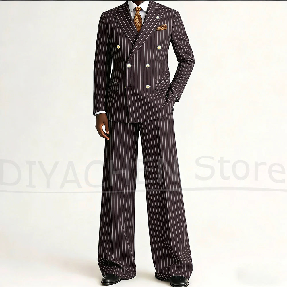 Men's Striped Double Breasted Suit Set Fashion Peak Lapel Formal Outfits 2 Piece Wedding Business Events Casual Male Suit