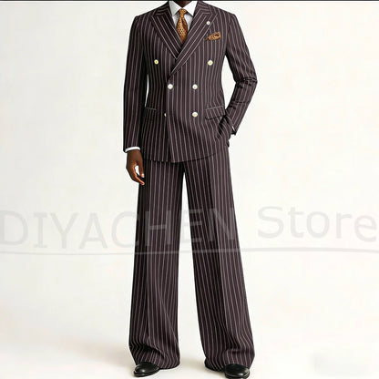 Men's Striped Double Breasted Suit Set Fashion Peak Lapel Formal Outfits 2 Piece Wedding Business Events Casual Male Suit