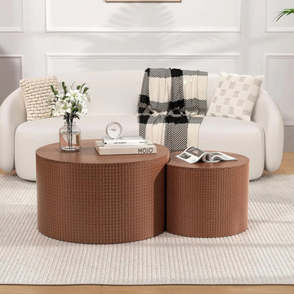 Round Nesting Coffee Table Set of 2 with Storage, 26.8" Farmhouse Handwoven PU Coffee Table, for Living Room, Customized