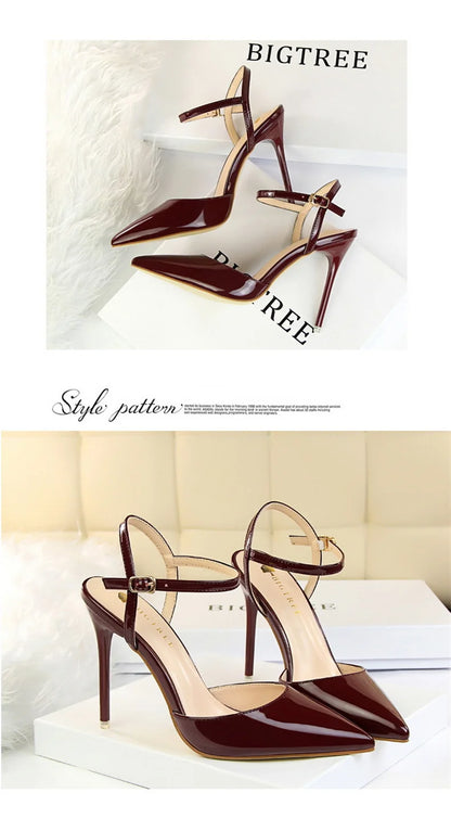Women High Heels Sandals Metallic Gray Patent Leather Stripper Ankle Strap Wedding Nightclub Pointed Toe Party Valentine 86-1