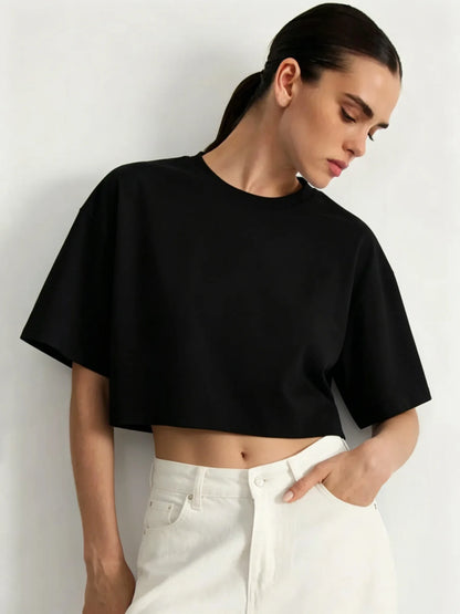 Black White Crop T-Shirt Women Cotton Soft Trendy Short Sleeve Crewneck All-Match Clothes Summer Casual Navel Exposed Tees