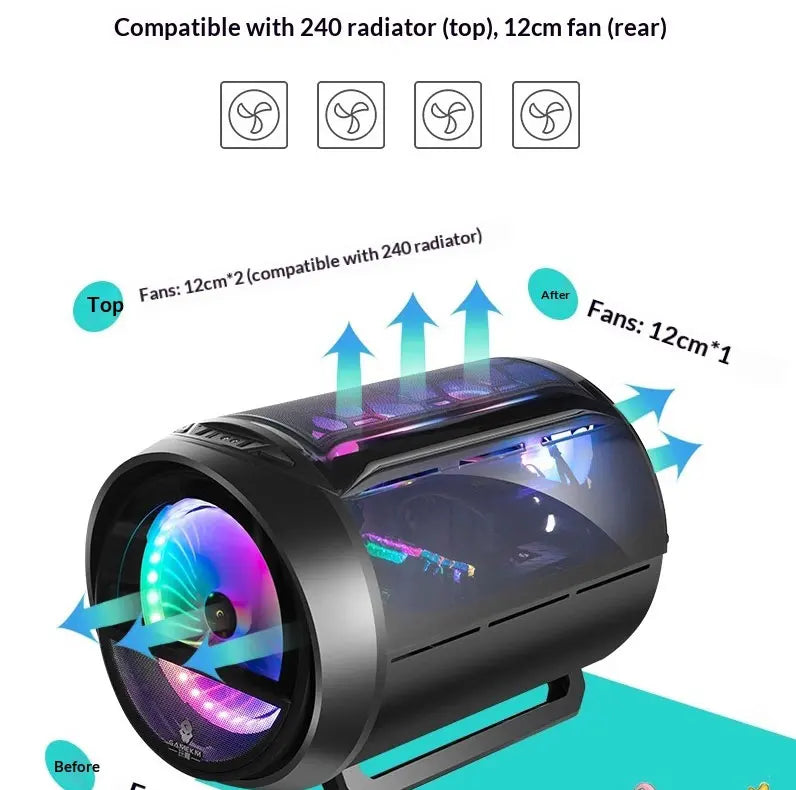 WJCOOLMAN Yuanqidan Mini Computer Case - Circular Side-Exposed Desktop Computer Case Compatible with 240 Water Cooling