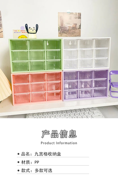 Desktop 9 Grid Storage Boxes Organizer Transparent Small Drawer Partitioned Student Desk Wall-mounted Sundries Storage Box Cute