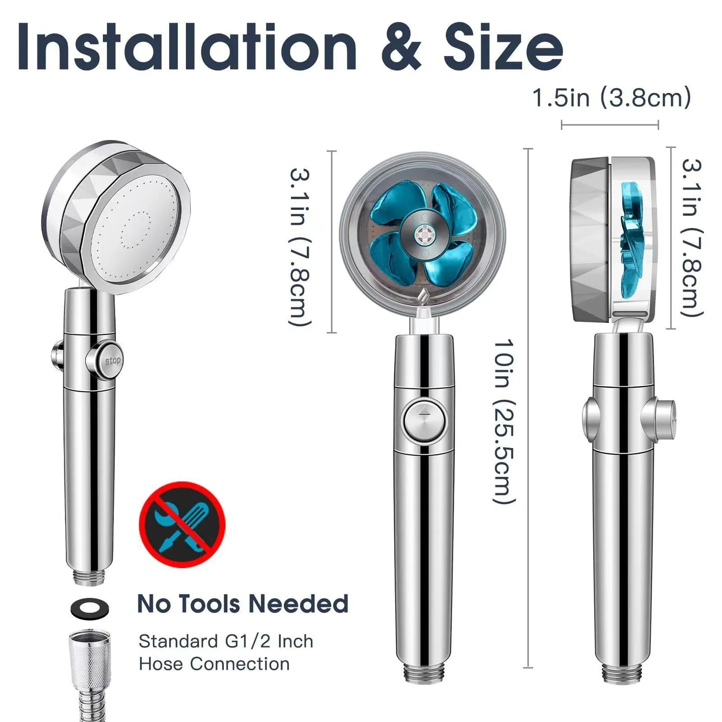 High Pressure Shower Head Rainfall Water Saving 360 Rotating Twin Turbo Propeller Fan Showerhead Bathroom Accessories