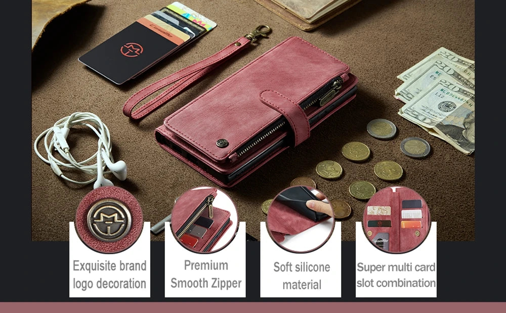 Leather Zipper Wallet Case For Samsung Galaxy A14 A15 A16 A17 A24 A25 A33 A34 A35 A36 A53 A54 A55 A56 A71 A72 4G 5G Phone Cover
