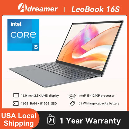 16 Inch Laptop with Intel Core i5 1240P 2.5K IPS Display Windows 11 Notebook Portable Adreamer Laptop 16GB RAM 1TB ROM SSD