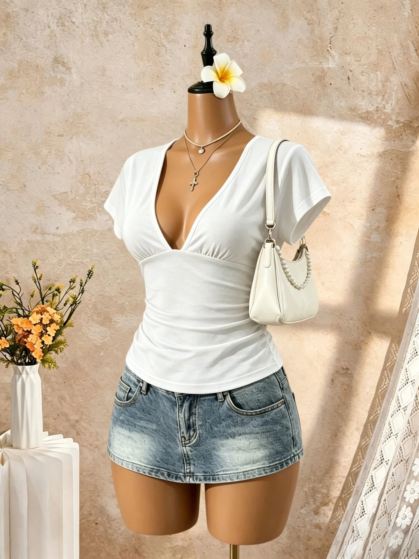 Women Short Sleeve Deep V Neck Side Ruched Wrap Crop T Shirt 2026 Summer Y2K Casual Streetwear Basic Solid Tees