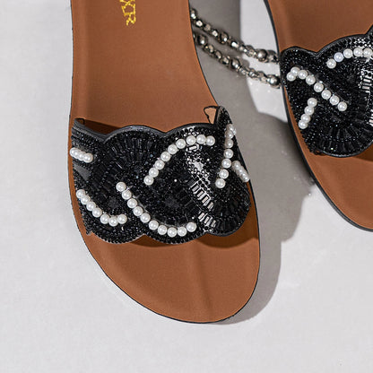 PXASXR Pearl Sandals for Women Fashionable Wear-Resistant Flat Bottom Slippers Comfortable Casual Beachwear Outdoor Slippers