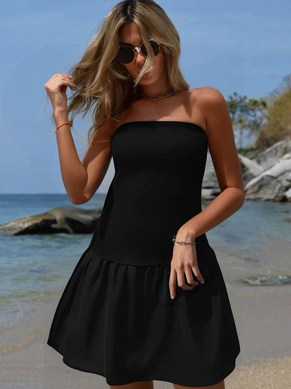 Women A-Line Dress Sexy Party Women Dress Mini Dress Off Shoulder Strapless Patchwork Black Club Party Summer