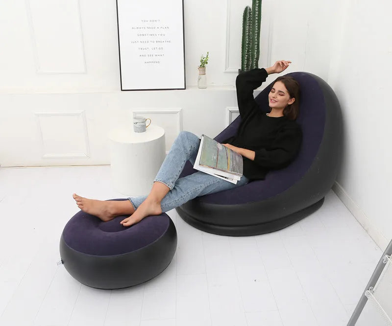 OTAUTAU Inflatable Lounger with Footstool Ottoman Chaise Lounge Recliner Outdoor Portable Camping Couch Garden Chair Pouf SF029