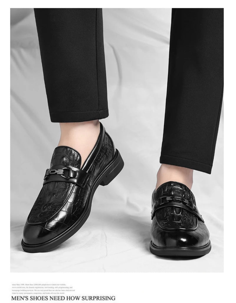 Mens Black Crocodile Embossed Leather Loafers With Metal Horsebit Buckle Thick Sole Formal Business Wedding Party Dress Shoes