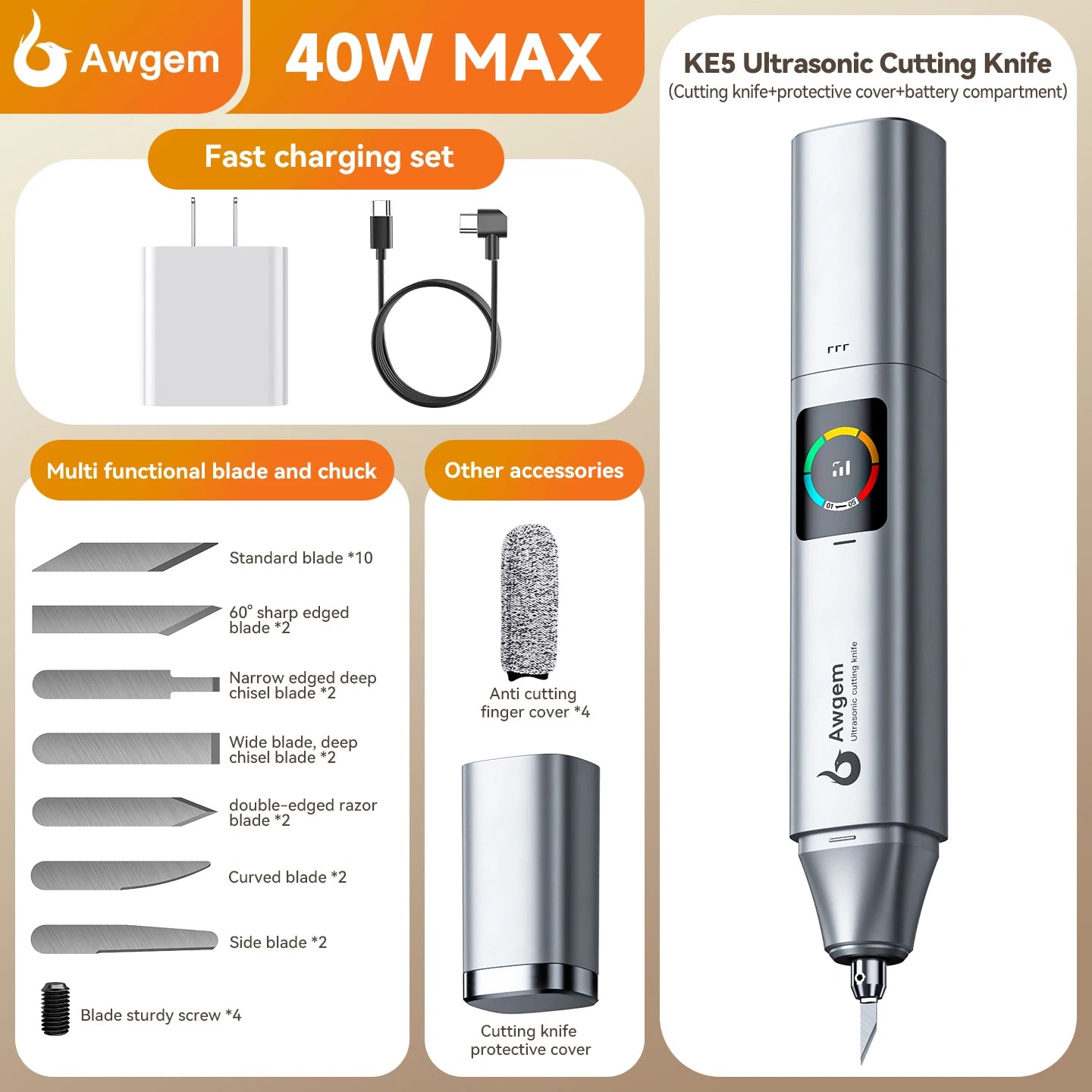 Awgem KE5 Handheld Ultrasonic Cutter Ultrasonic cutting knife DIY Electric Carving Tool for Plastic/Resin/3D Printing/Textile