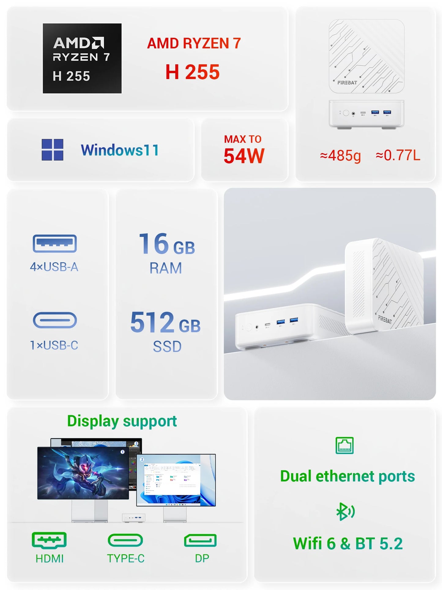 FIREBAT AM02 AMD Ryzen7 H 255 Mini PC 16GB DDR5 RAM 512GB SSD WIFI6 BT5.2 4A1C Dual RJ45 3*4K Display Compact Gaming Computer