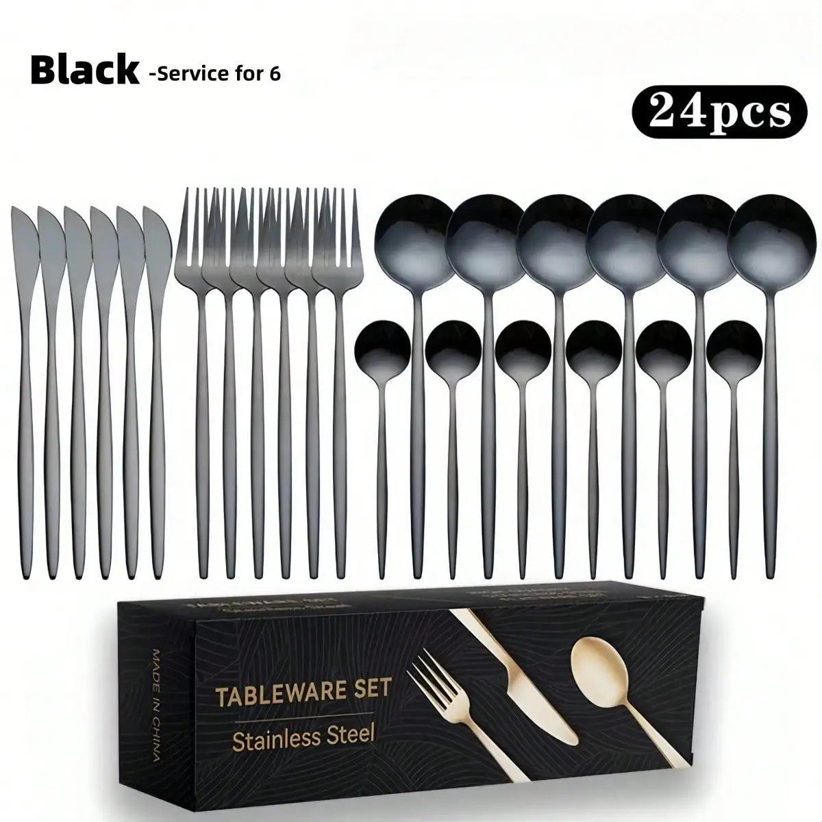 Gold/Black, Stainless Steel Knife, Fork And Spoon 24-Piece Cutlery Set, Including Fork Spoon Knife And Coffee Spoon, Dinner Fork