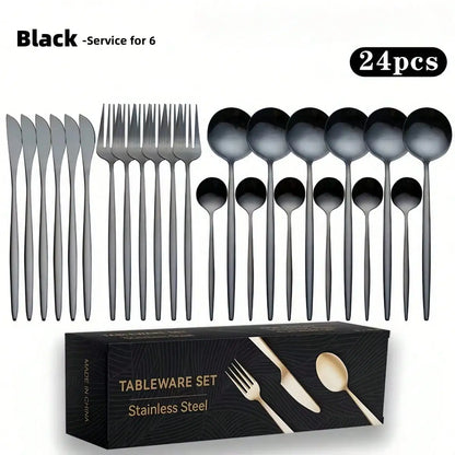 Gold/Black, Stainless Steel Knife, Fork And Spoon 24-Piece Cutlery Set, Including Fork Spoon Knife And Coffee Spoon, Dinner Fork
