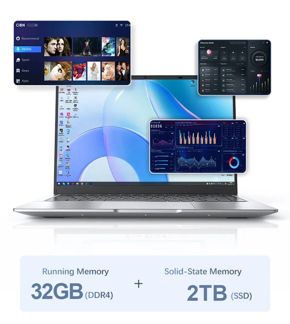 14.1 Inch Business Ultra Portable Laptop 2026 Win11 DDR4 16GB/32GB RAM 2TB SSD Slim Office Notebook PC I9-9900 Intel 6500Y