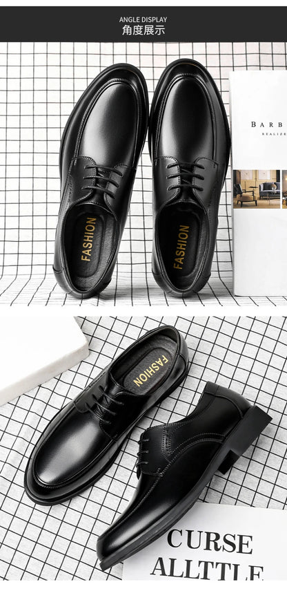 Mens Black Genuine Leather Lace Up Chunky Platform Oxfords Formal Business Office Groom Wedding Daily Wear Shoes Fashion Simple