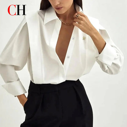 CH Womens CH Logo Embroidered Shirt Long Sleeve Structured Shoulder Office Blouse Fashion Button Down Top