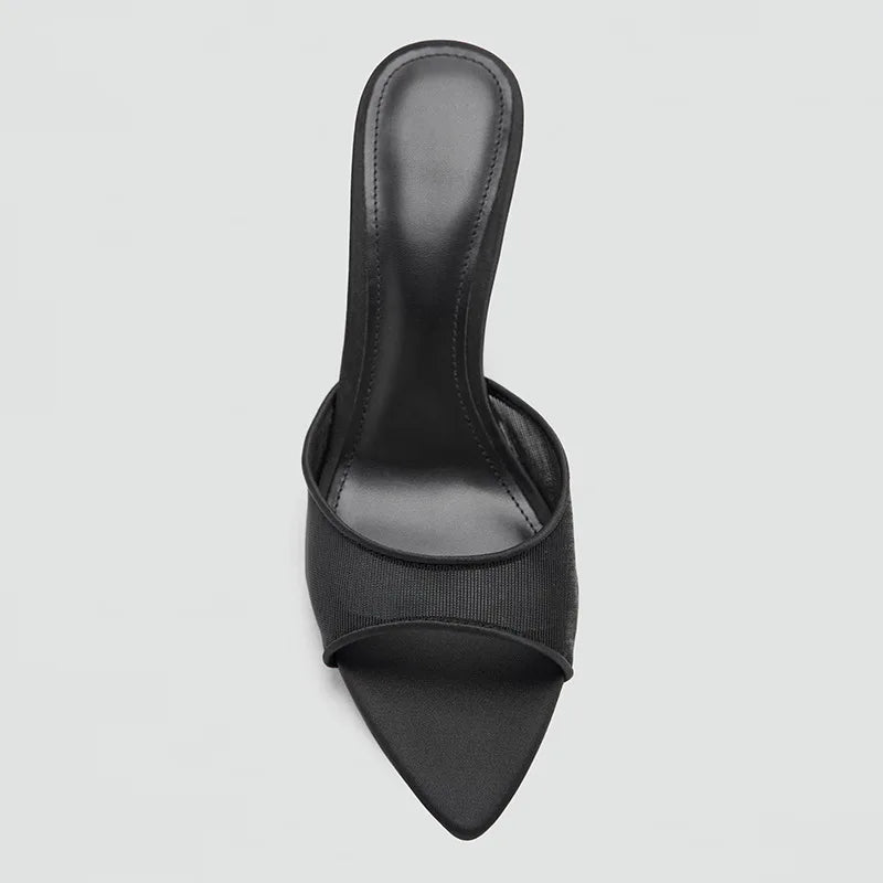 2026 New Women Black Mesh Mules Stiletto Heel Pointed Toe Slip-on Lightweight Breathable Office Party Comfortable Shoes