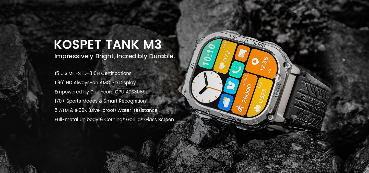 2025 Original KOSPET TANK M3 Smart Watch Men Smartwatch For Women 480mAh Digital Fitness AMOLED AOD Bluetooth Waterproof Watches