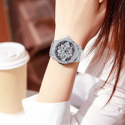 Popular women's watch with fashionable large dial, pentagram waterproof watch for girls, snowflake rotating hollow women's watch