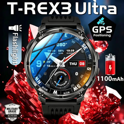 2026 T-Rex3 Ultra 1100mAh Battery 170+Sport Fitness LED Flashlight IP68 Waterproof Bluetooth call GPS track Smartwatch Compass