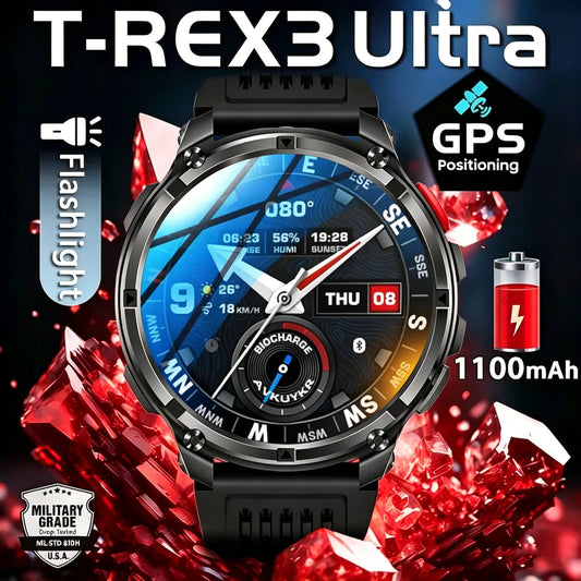 2026 T-Rex3 Ultra 1100mAh Battery 170+Sport Fitness LED Flashlight IP68 Waterproof Bluetooth call GPS track Smartwatch Compass