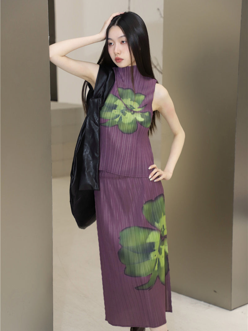 CHEERART Pleated Floral Summer Outfits For Women 2023 Purple Long Skirt And Sleeveless Top 2 Piece Set Fashion Designer Clothes