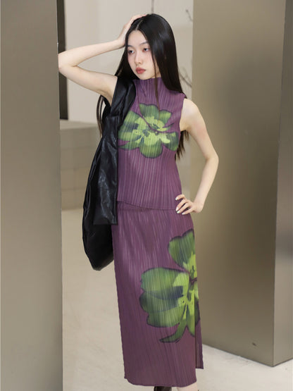 CHEERART Pleated Floral Summer Outfits For Women 2023 Purple Long Skirt And Sleeveless Top 2 Piece Set Fashion Designer Clothes